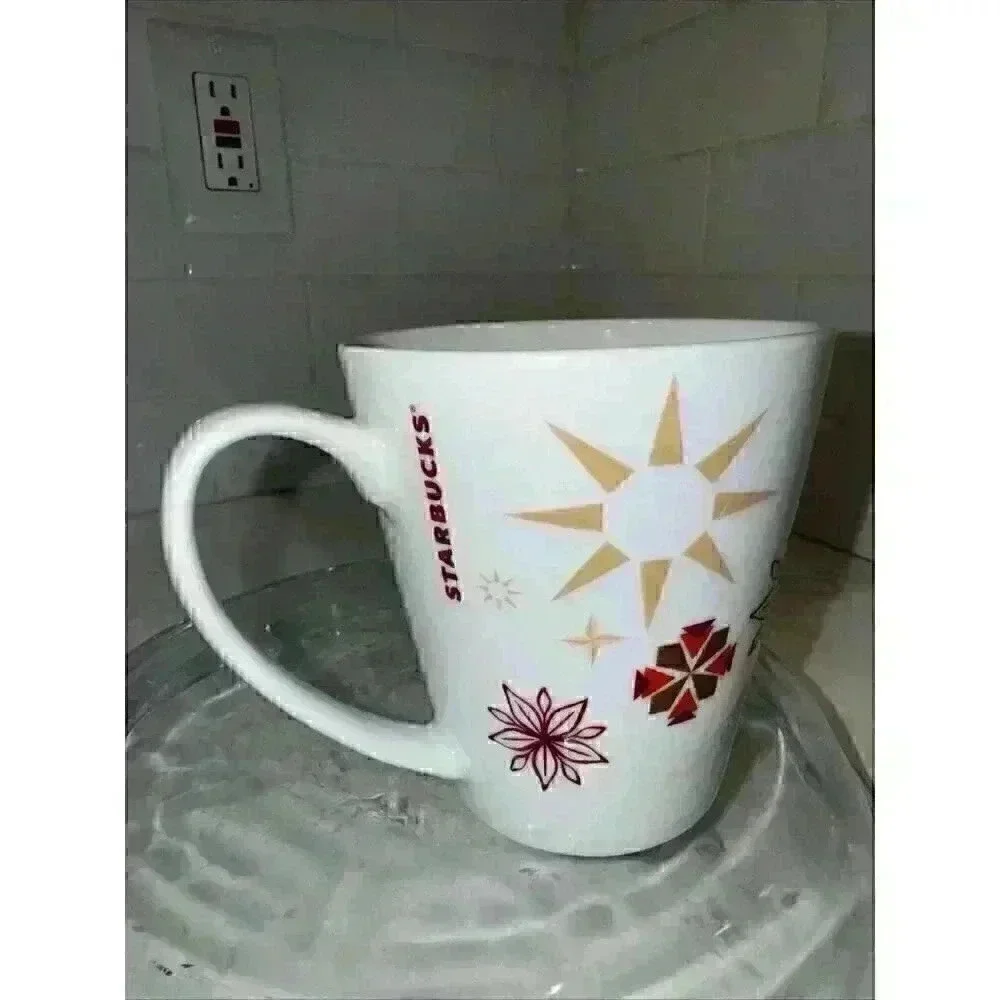 Starbucks Coffee Mug 2013 Holiday Poinsettia + Snowflakes Abstract 11oz cup 4